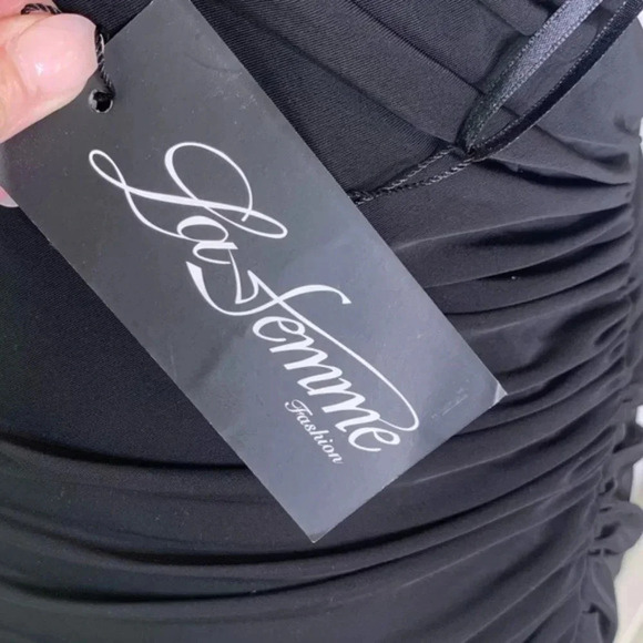 La Femme Halter Open Back Shirred Jersey Short Dress 29312 Black Size 10 NWT - Picture 9 of 11